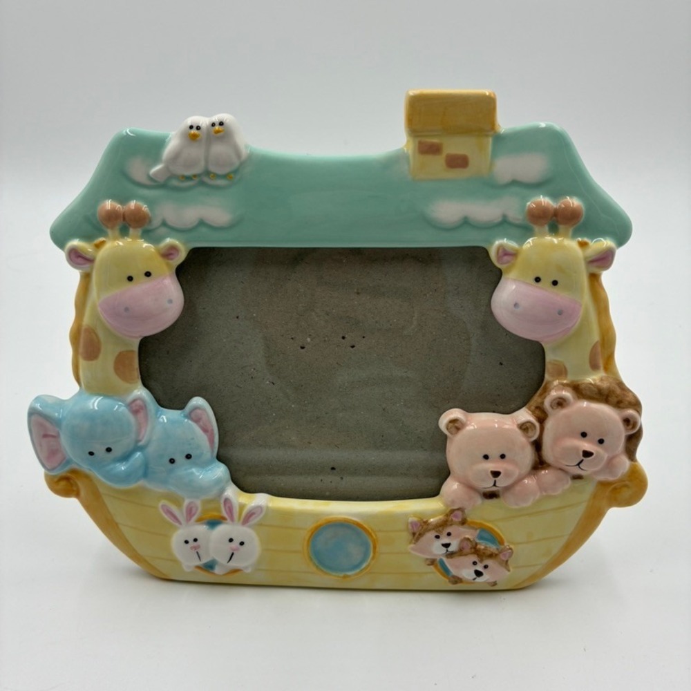 Russ Berrie Noahs Ark Ceramic Picture Frame Pastel Nursery Animal 3D 5x3.5
